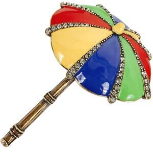 VTG Signed Heidi Daus Umbrella Brooch Enamel Rhinestone Colorful Pin Whimsical